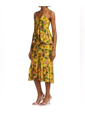 NWT FARM Rio Fresh Lemons Ruffle MIDI Dress - Yellow, Green and Pink